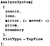 AnalyzeSystem[ {source, lens, mirror, (* moved ! *)prism, boundary}, PlotTypeTopView] ;