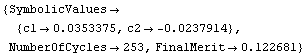 {SymbolicValues→ {c1→0.0353375, c2→ -0.0237914}, NumberOfCycles→253, FinalMerit→0.122681}