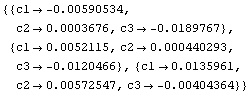 {{c1→ -0.00590534, c2→0.0003676, c3→ -0.0189767}, {c1→0.0052115, c2→0.000440293, c3→ -0.0120466}, {c1→0.0135961, c2→0.00572547, c3→ -0.00404364}}