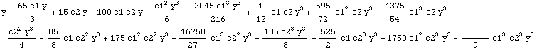 y - (65 c1 y)/3 + 15 c2 y - 100 c1 c2 y + (c1^2 y^3)/6 - (2045 c1^3 y^3)/216 + 1/12 c1 c2 y^3  ...  c1^3 c2^2 y^3 + (105 c2^3 y^3)/8 - 525/2 c1 c2^3 y^3 + 1750 c1^2 c2^3 y^3 - 35000/9 c1^3 c2^3 y^3