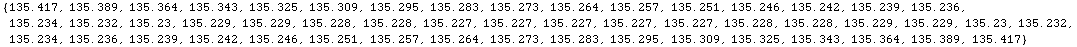 RowBox[{{, RowBox[{135.417, ,, 135.389, ,, 135.364, ,, 135.343, ,, 135.325, ,, 135.309, ,, 135 ... 135.283, ,, 135.295, ,, 135.309, ,, 135.325, ,, 135.343, ,, 135.364, ,, 135.389, ,, 135.417}], }}]